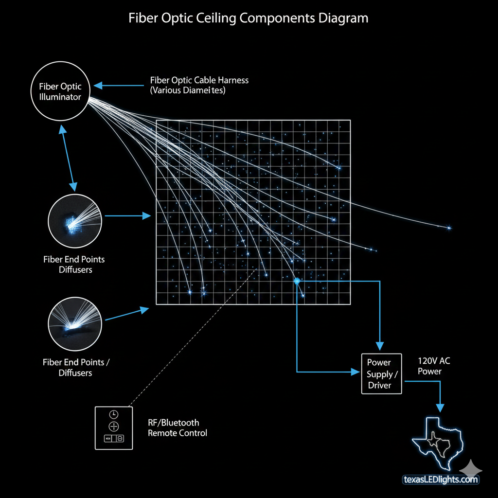 Diagram showing fiber optic starlight ceiling components including LED illuminator, fiber optic cables, and ceiling panel installation