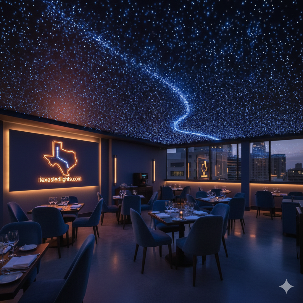 Upscale Texas restaurant interior featuring elegant fiber optic starlight ceiling creating intimate dining atmosphere