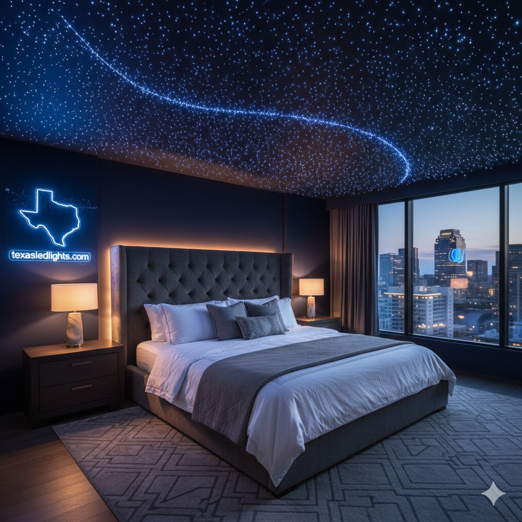 Elegant master bedroom in Texas luxury home featuring romantic fiber optic starlight ceiling with soft twinkling effect