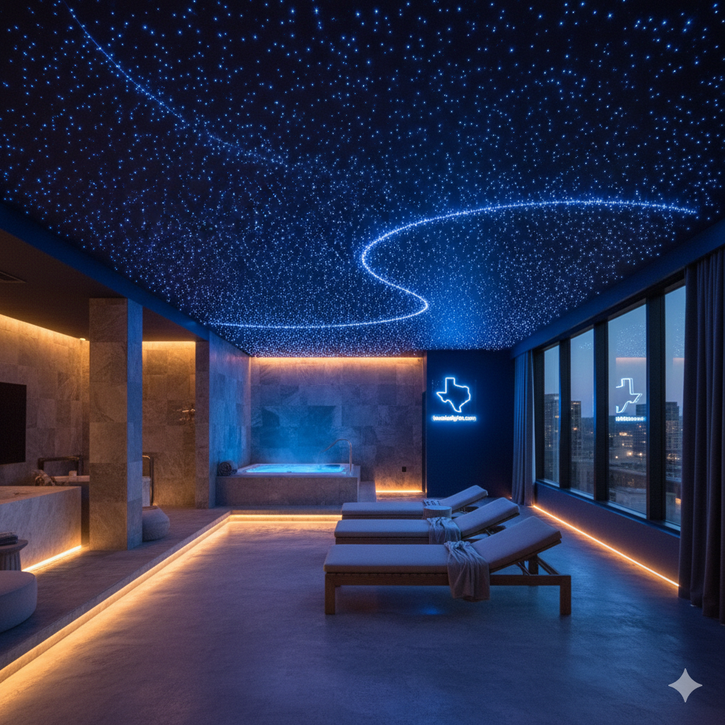 Relaxing spa treatment room in Texas wellness center with calming fiber optic starlight ceiling above massage table