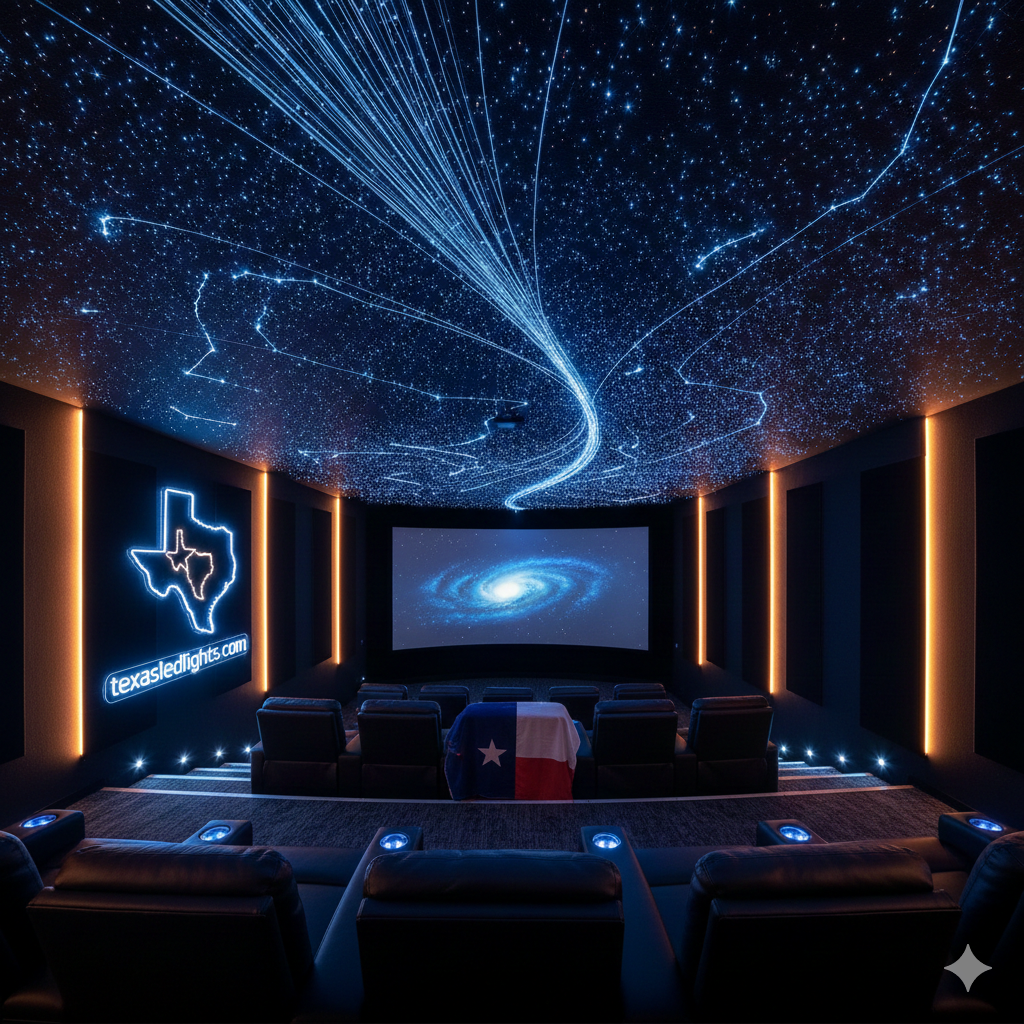Stunning fiber optic starlight ceiling installation in a luxury Texas home theater with twinkling stars and shooting star effects