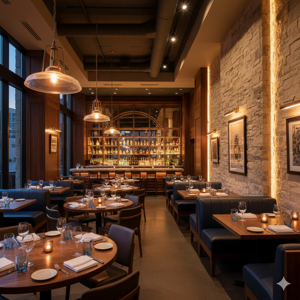 Architectural lighting design in a luxury Texas restaurant featuring layered ambient, accent, and decorative lighting