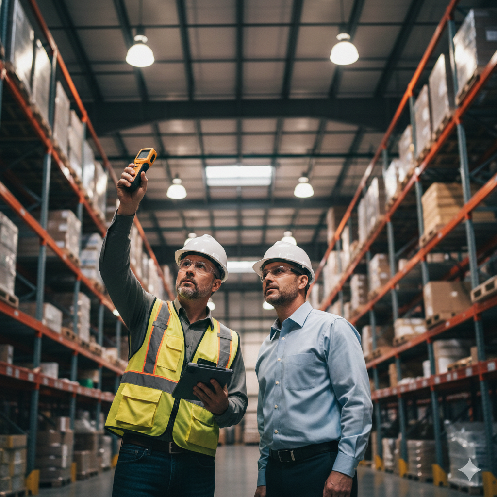 Commercial lighting contractor performing a lighting audit in a Texas warehouse facility