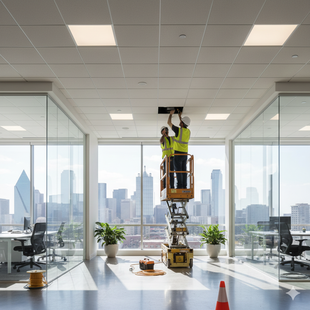 Commercial lighting contractors installing LED fixtures in a modern Texas office building