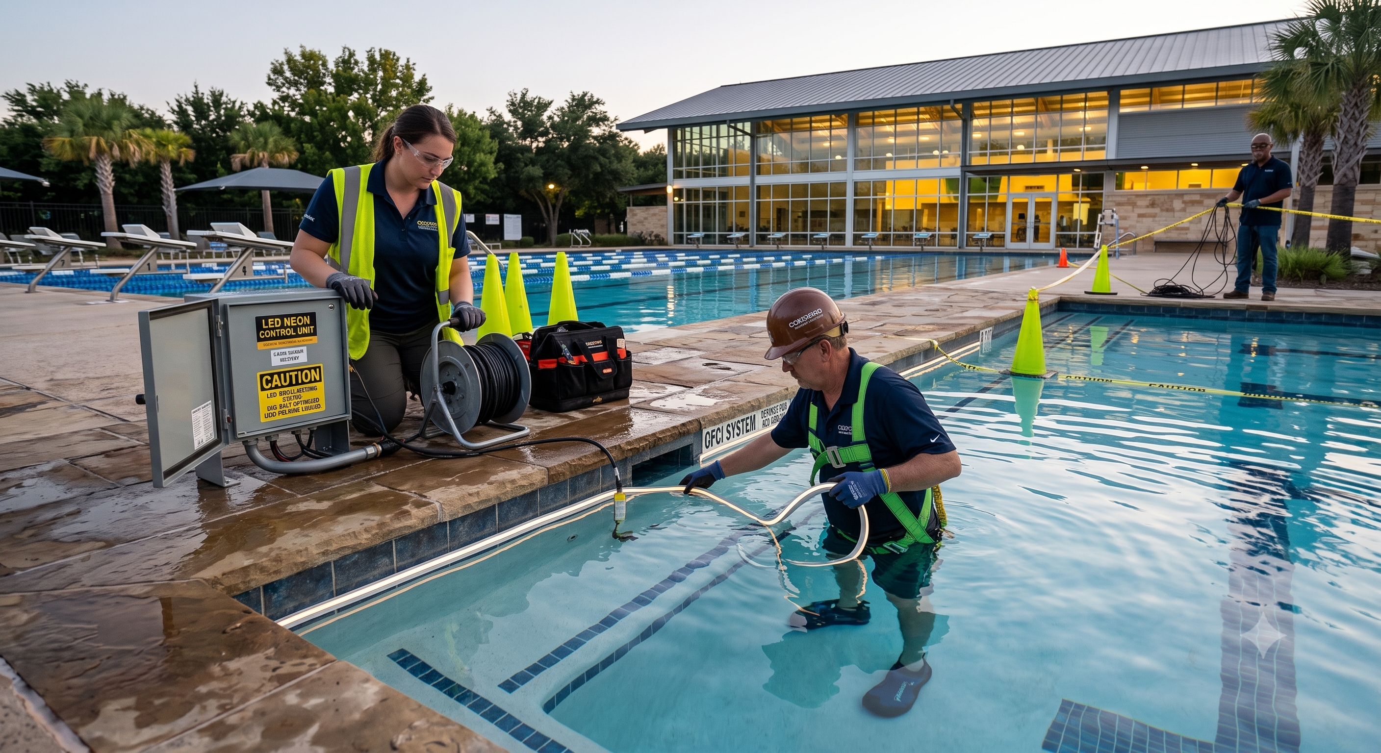 Professional team installing underwater LED pool lighting at a Texas commercial facility with proper safety equipment