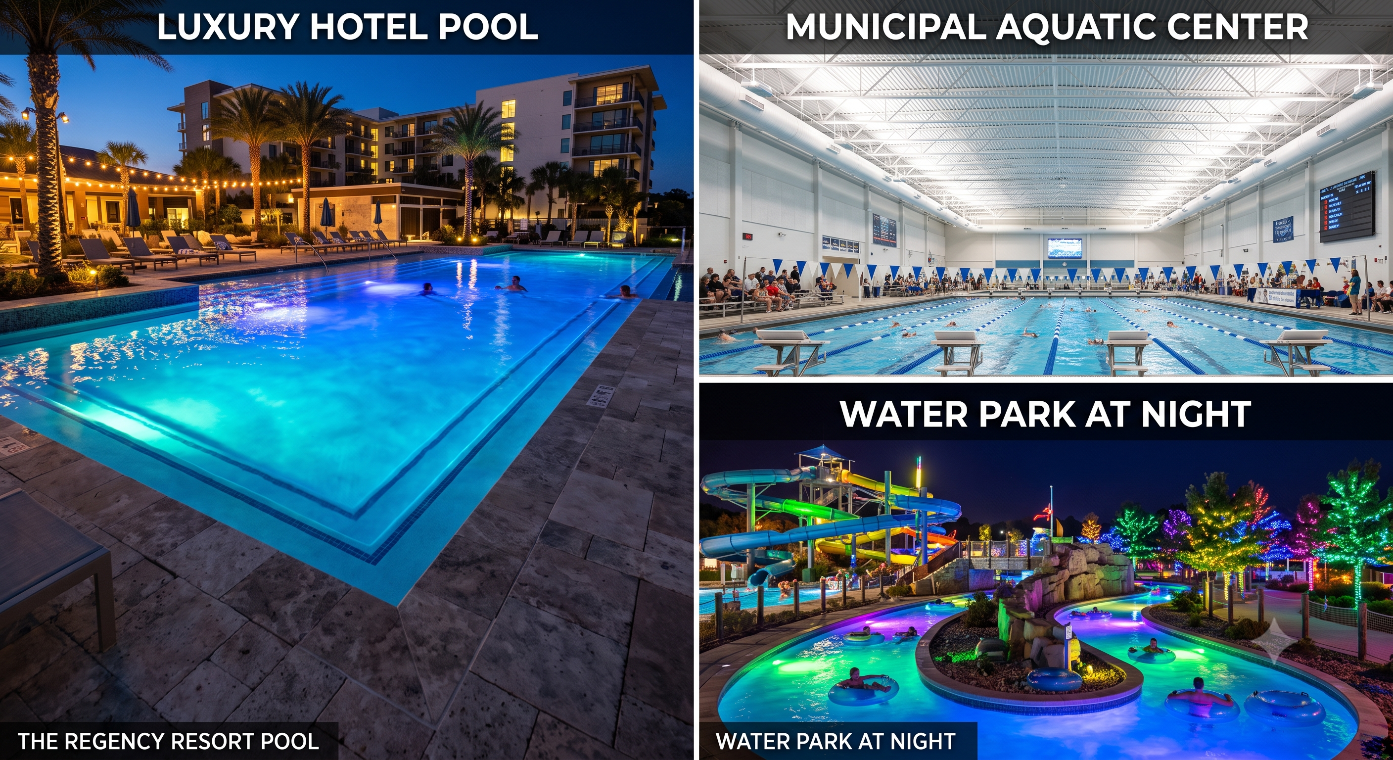 Collage showing different types of commercial pool lighting in Texas: hotel resort pool, municipal aquatic center, and water park attraction at night