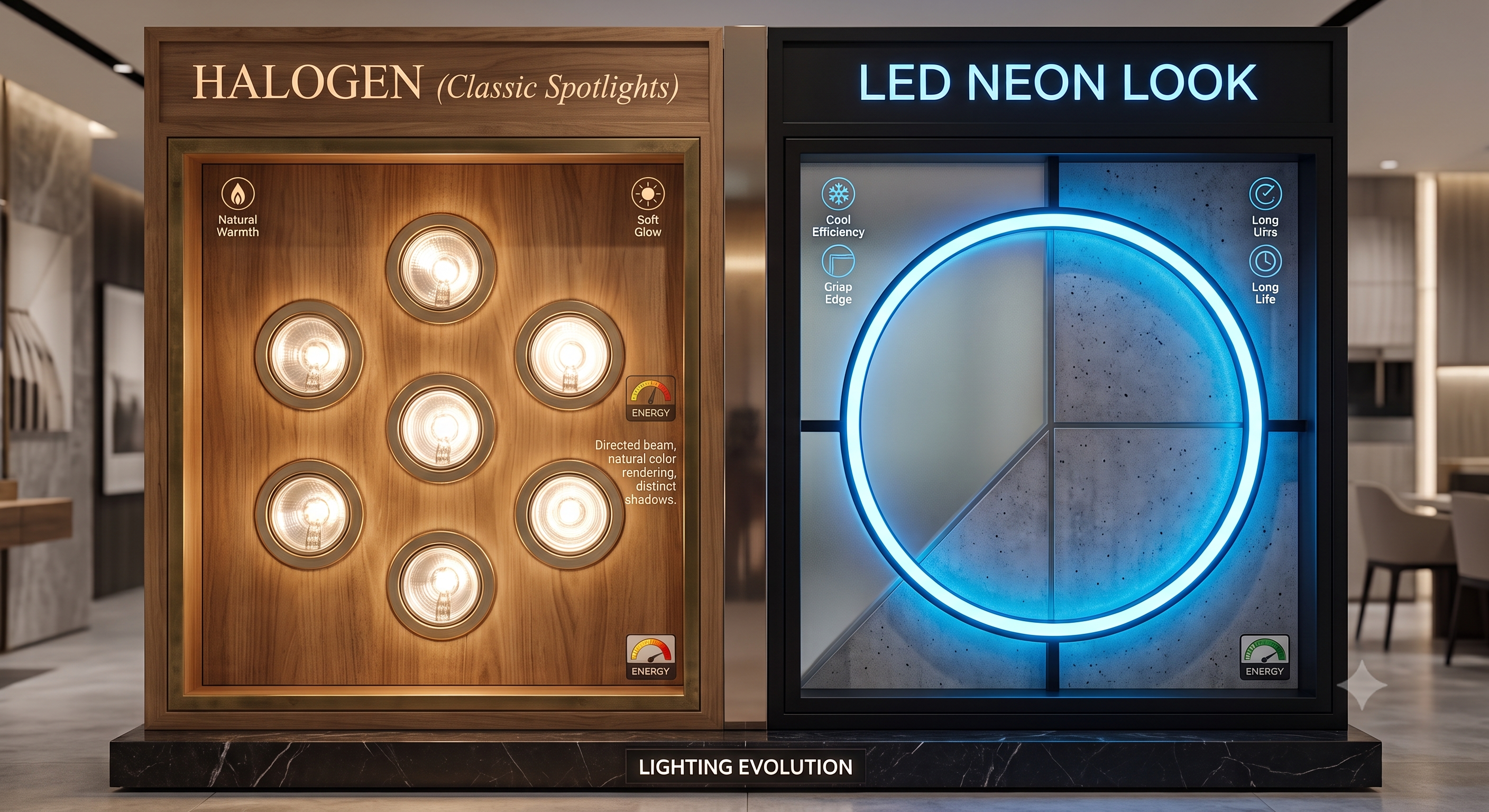 Diagram comparing energy consumption of halogen vs LED commercial pool lighting showing 80% energy reduction