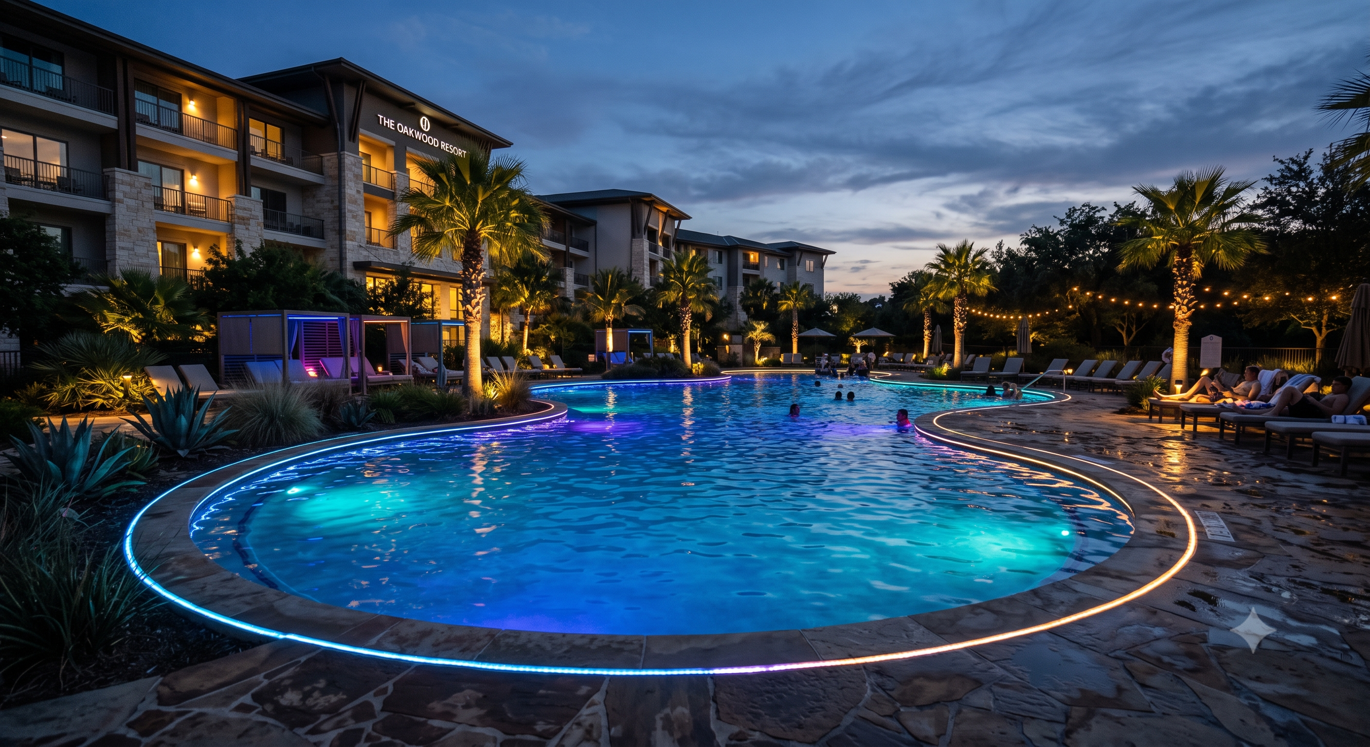 Stunning LED-lit commercial pool at a Texas resort hotel at twilight with color-changing underwater lights and fiber optic perimeter lighting