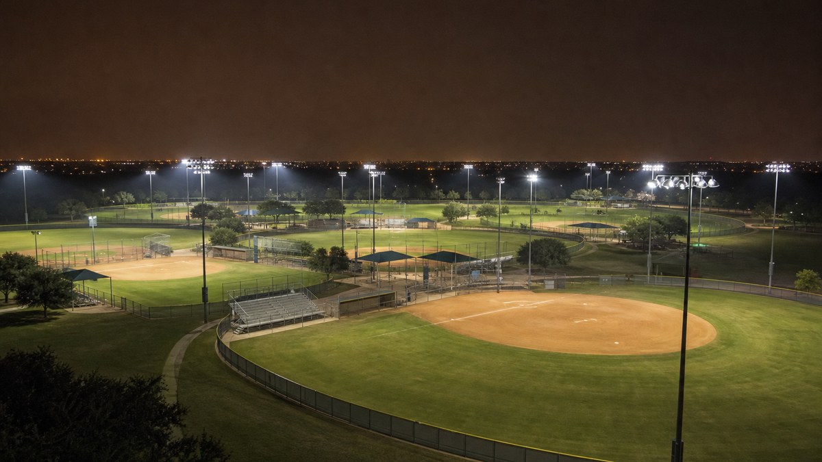 Lit baseball and softball complex at a Texas park at night with LED field lighting and empty stands
