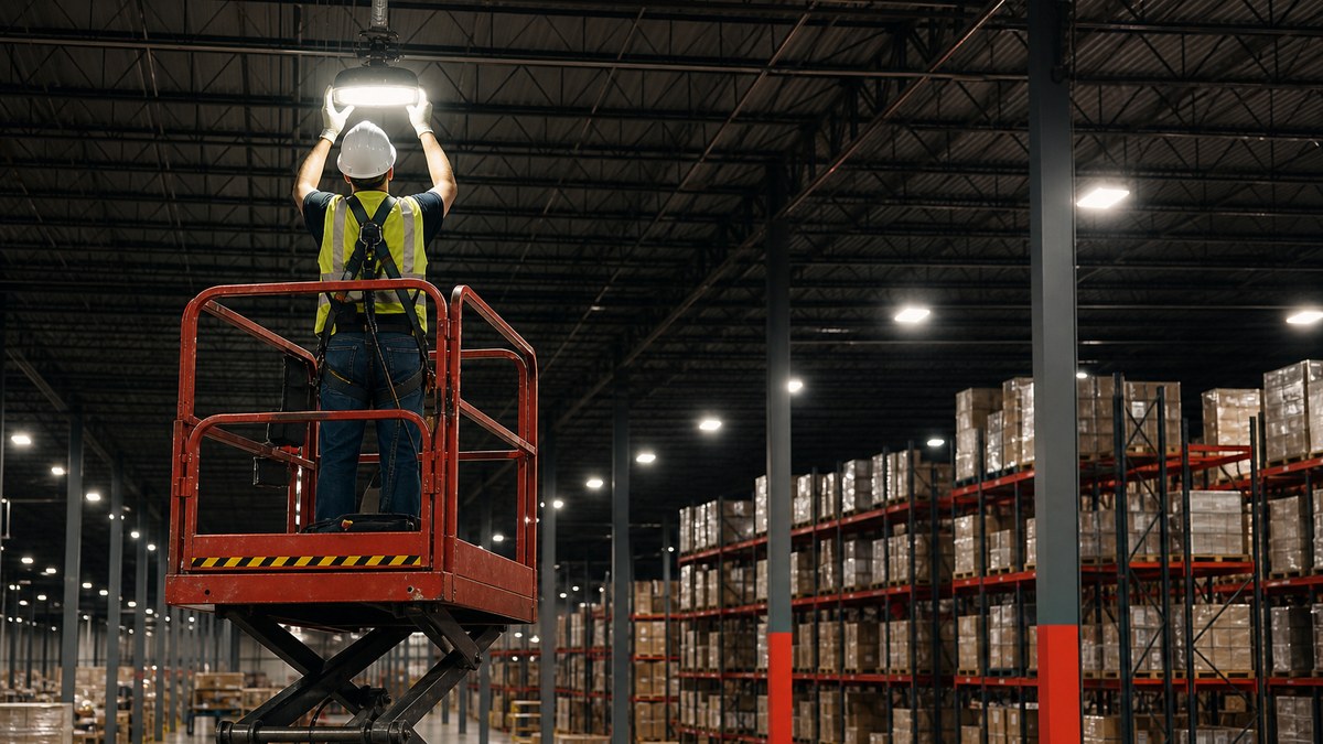 Commercial LED installers on a scissor lift installing LED high bay fixtures in a Texas warehouse