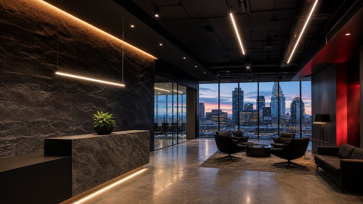 Modern Texas office lobby lit with commercial LED lighting fixtures including linear pendants, recessed downlights and cove lighting
