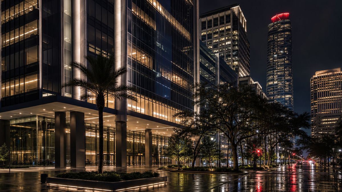Houston commercial office towers at dusk with modern LED facade and lobby lighting reflecting on wet pavement