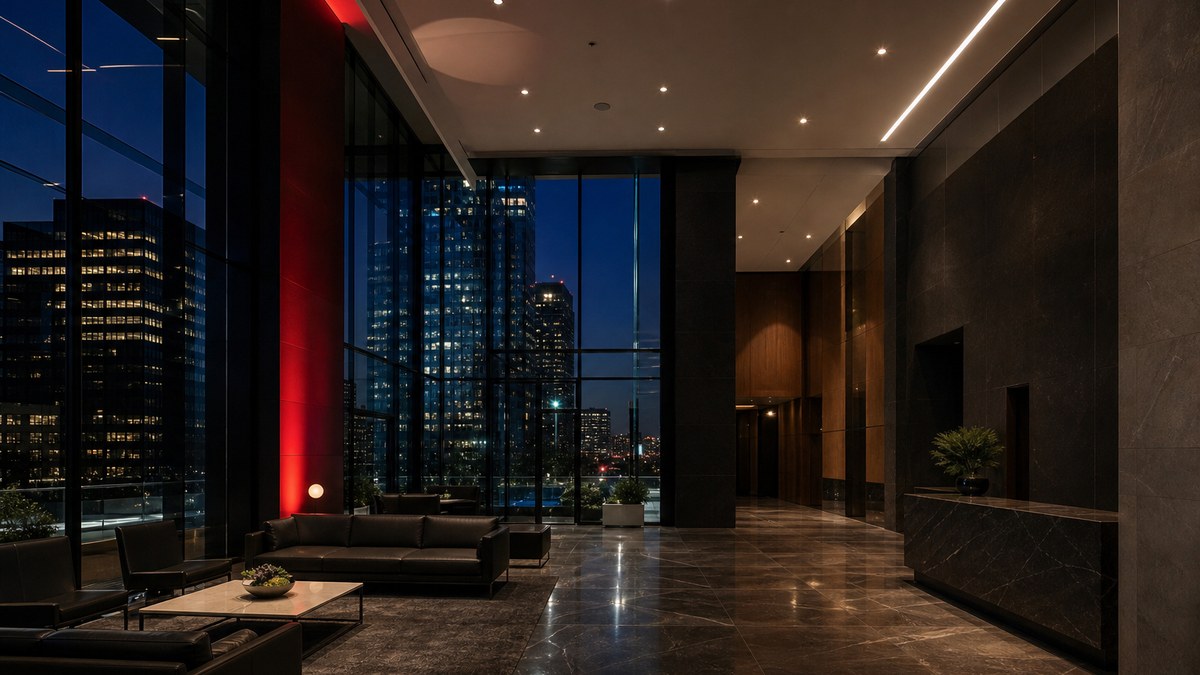 Commercial LED lighting installation in a Texas office building lobby at dusk with warm white downlights and linear fixtures