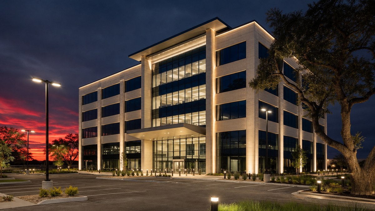 Commercial office building in San Antonio, Texas at dusk with LED facade lighting, lit lobby and LED parking lot lights