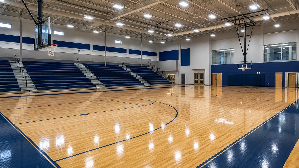 Indoor gymnasium in Texas with bright, even LED high-bay sports lighting over a basketball court