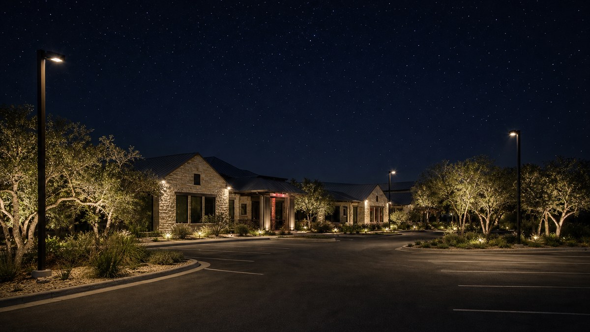 Hill Country limestone office building near San Antonio at dusk with full-cutoff LED parking lot area lights and warm landscape lighting