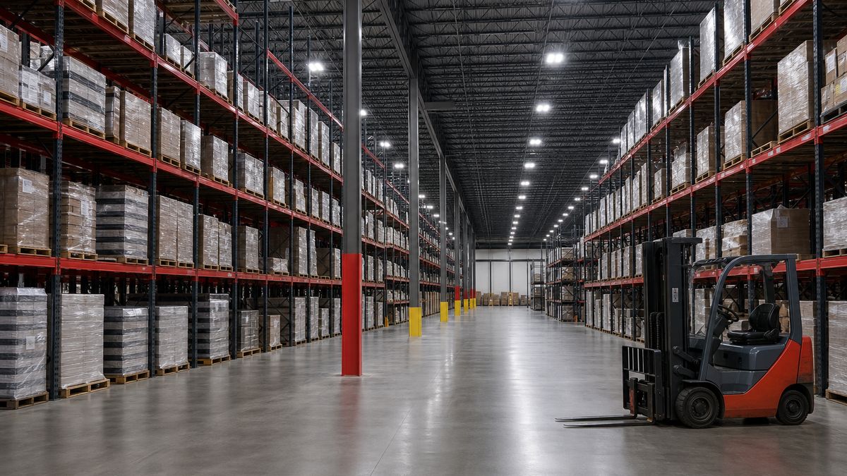 Houston distribution warehouse with bright LED high-bay lighting over tall racking aisles and a polished concrete floor