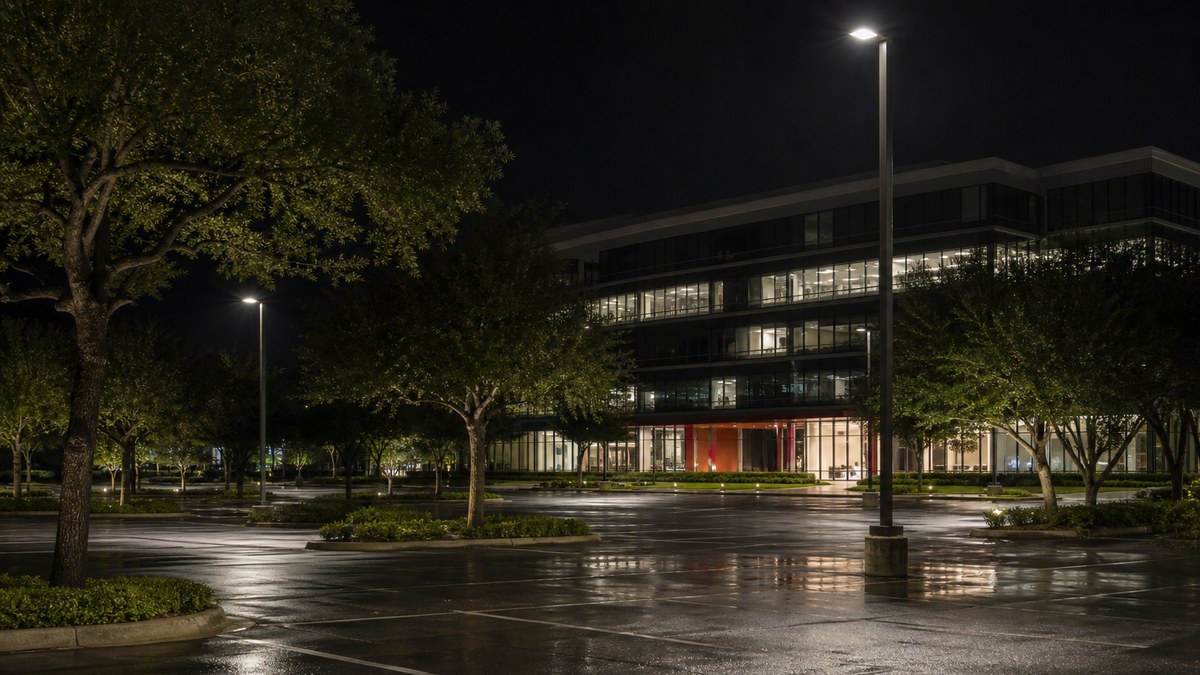 Houston office campus parking lot at night with full-cutoff LED pole lights reflecting on wet asphalt after rain