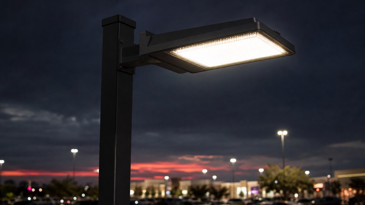 Close-up of a modern LED area light on a parking lot pole above a Texas shopping center parking field at dusk