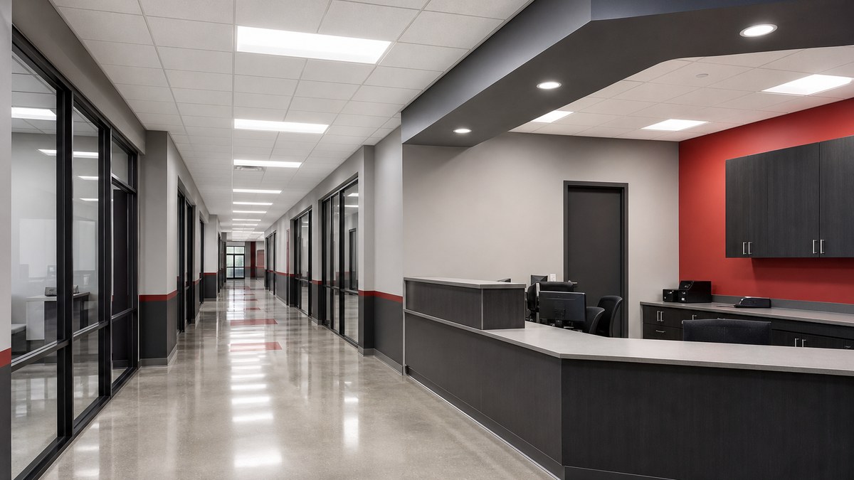 Texas school administration office corridor with flat-panel LED troffers and recessed downlights providing even, low-glare light