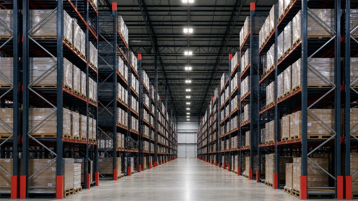 Texas distribution warehouse with rows of linear LED high-bay fixtures lighting tall storage racks and aisles