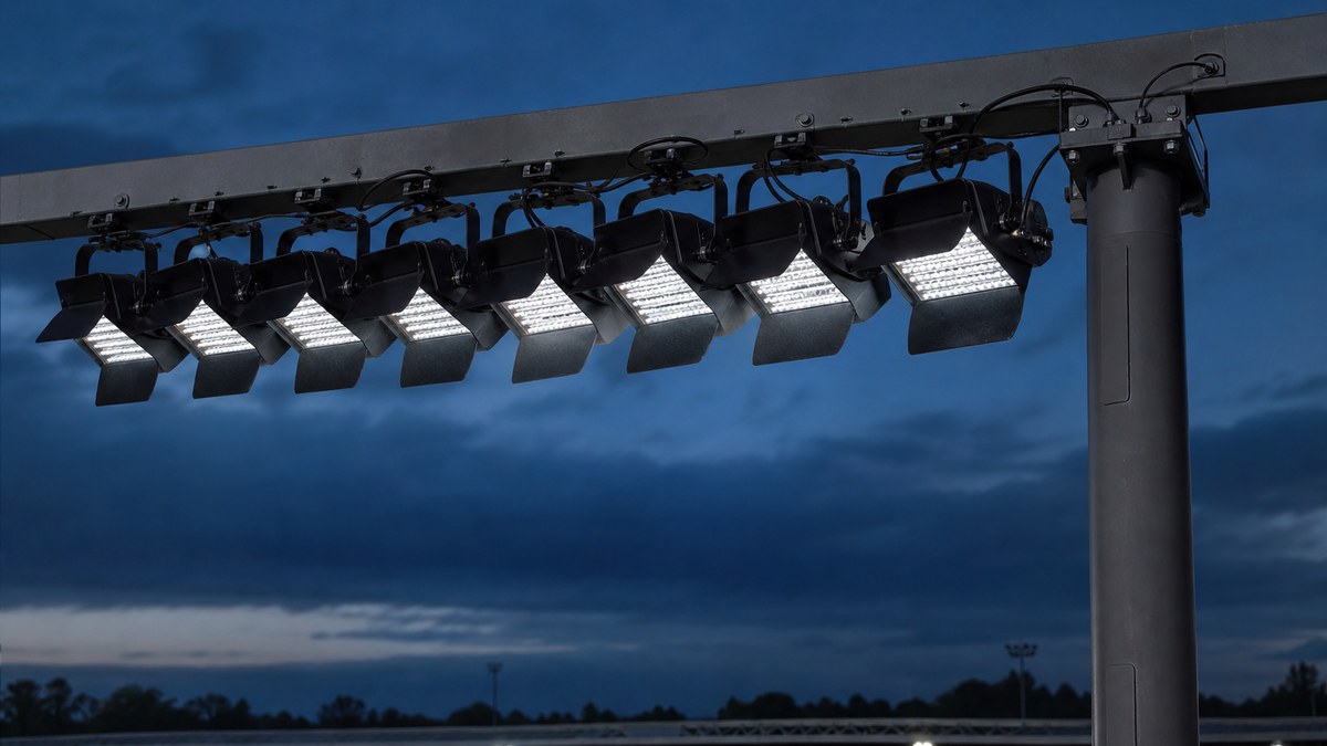 Close-up of LED sports floodlights with visors on a stadium pole crossarm at dusk in Texas
