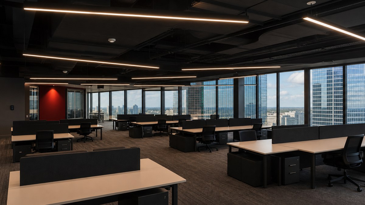 Modern Texas commercial office floor with newly installed LED linear pendant lighting and daylight controls