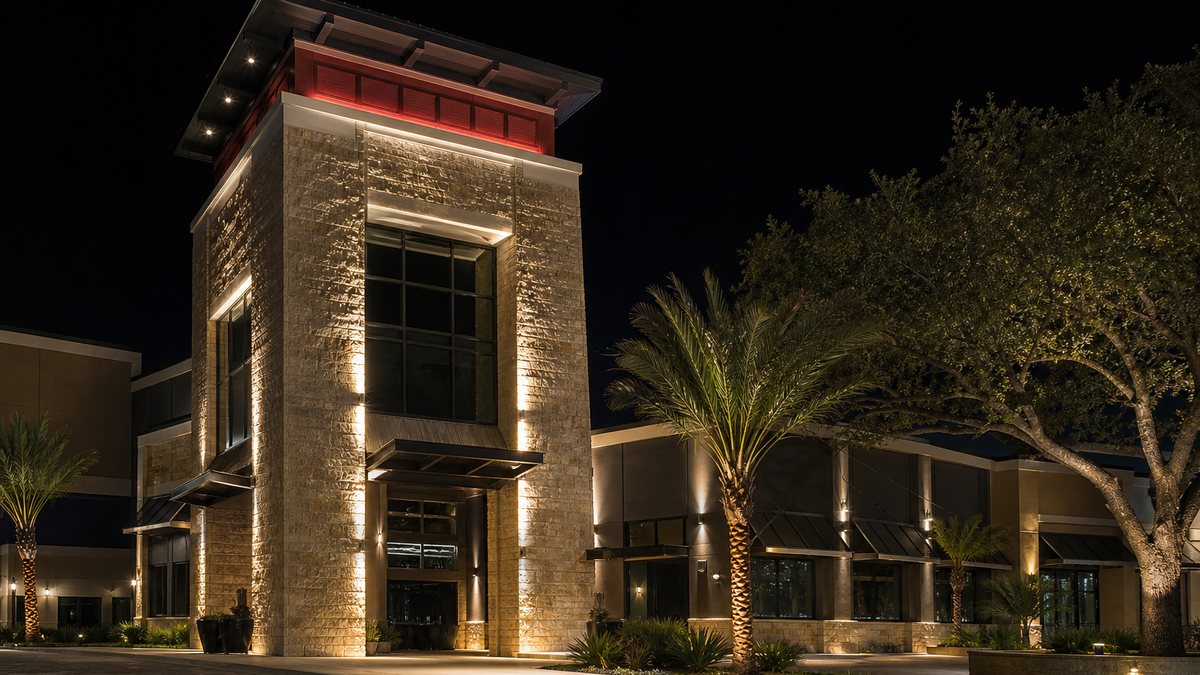 Retail center tower and facade in Texas lit with LED architectural wall grazing and subtle red accent lighting at night