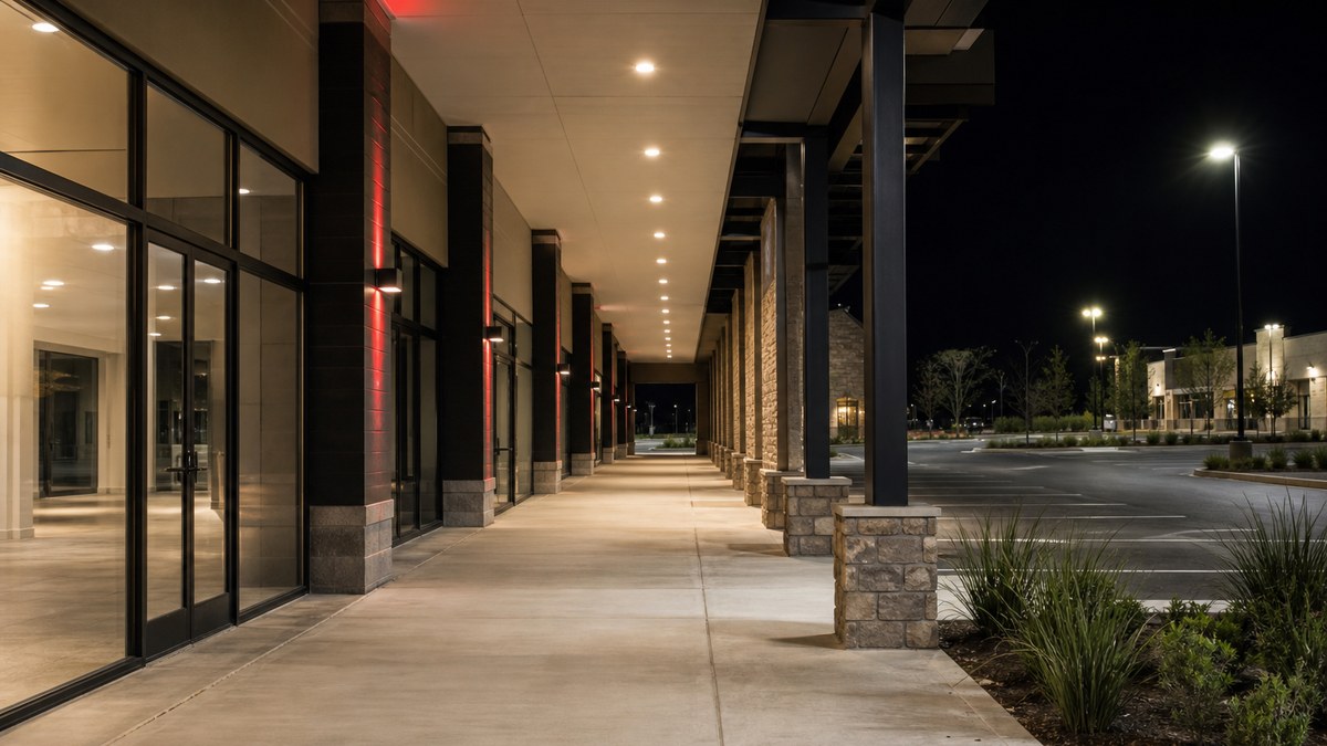 Covered storefront walkway at a Texas retail center lit by even LED canopy downlights at night
