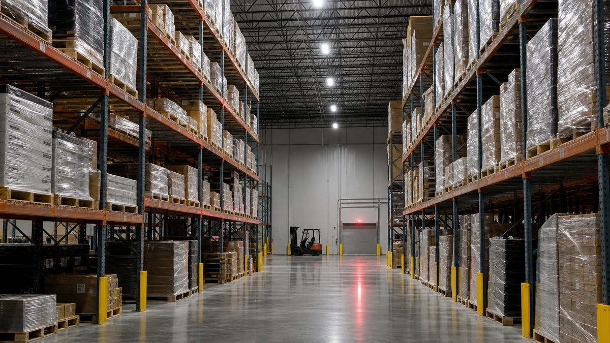 San Antonio distribution warehouse interior with LED high-bay lighting over racking aisles and a polished concrete floor