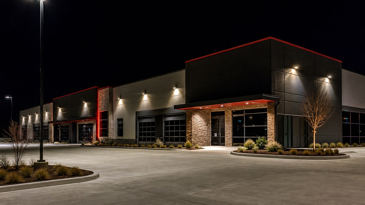 Texas commercial building exterior at night with LED wall packs, canopy lights and parking lot area lighting