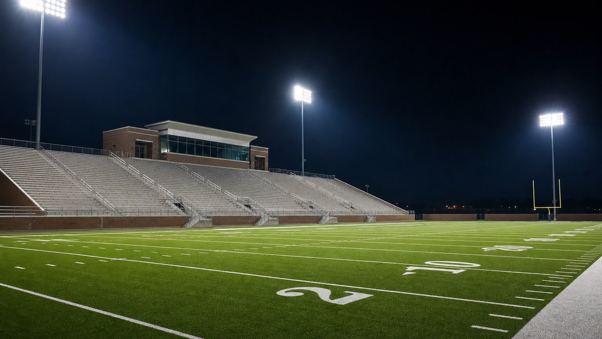 Texas high school football stadium lit by LED sports lighting on tall poles at night