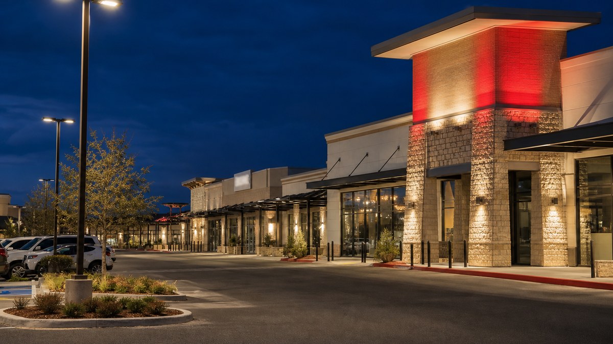 Texas shopping center at dusk with LED parking lot lighting, lit storefront canopies and warm architectural facade lighting